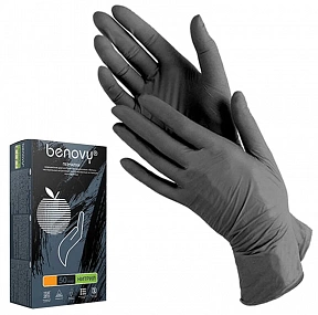 Перчатки BENOVY нитриловые текстурированные ,чёрные размер M (50 пар/уп)